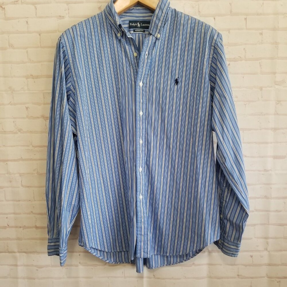 Ralph Lauren Shirt Mens Large Blue Stripped Button Up Long Sleeve Classic Fit